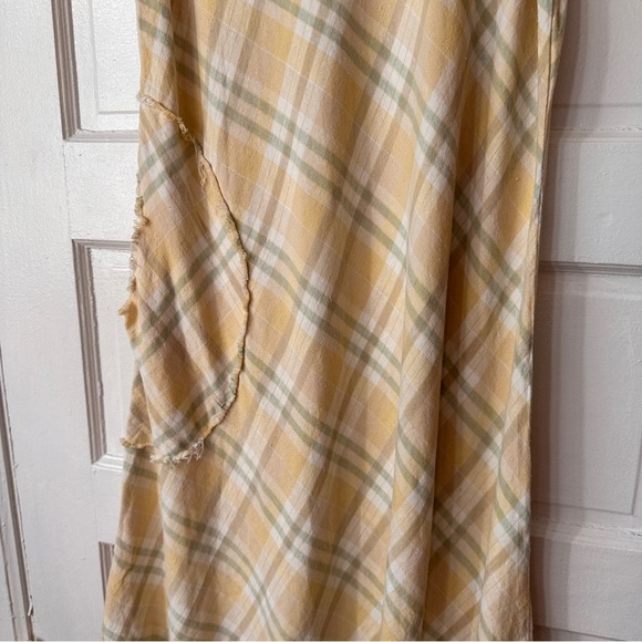 Linen Blend Sundress Yellow Plaid Asymmetrical Frayed Hem Boho Academia Maxi - Picture 6 of 17